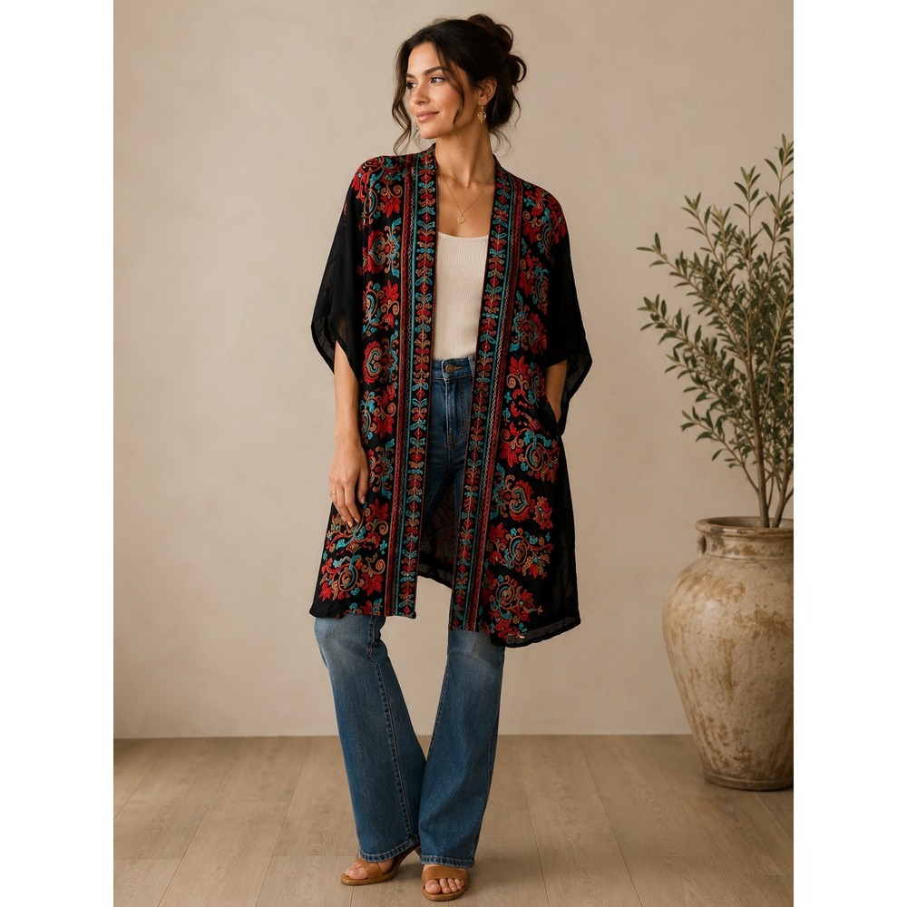 Umgee‎ Black Embroidered Kimono Wrap Floral Boho Festival Cardigan G1299 S/M